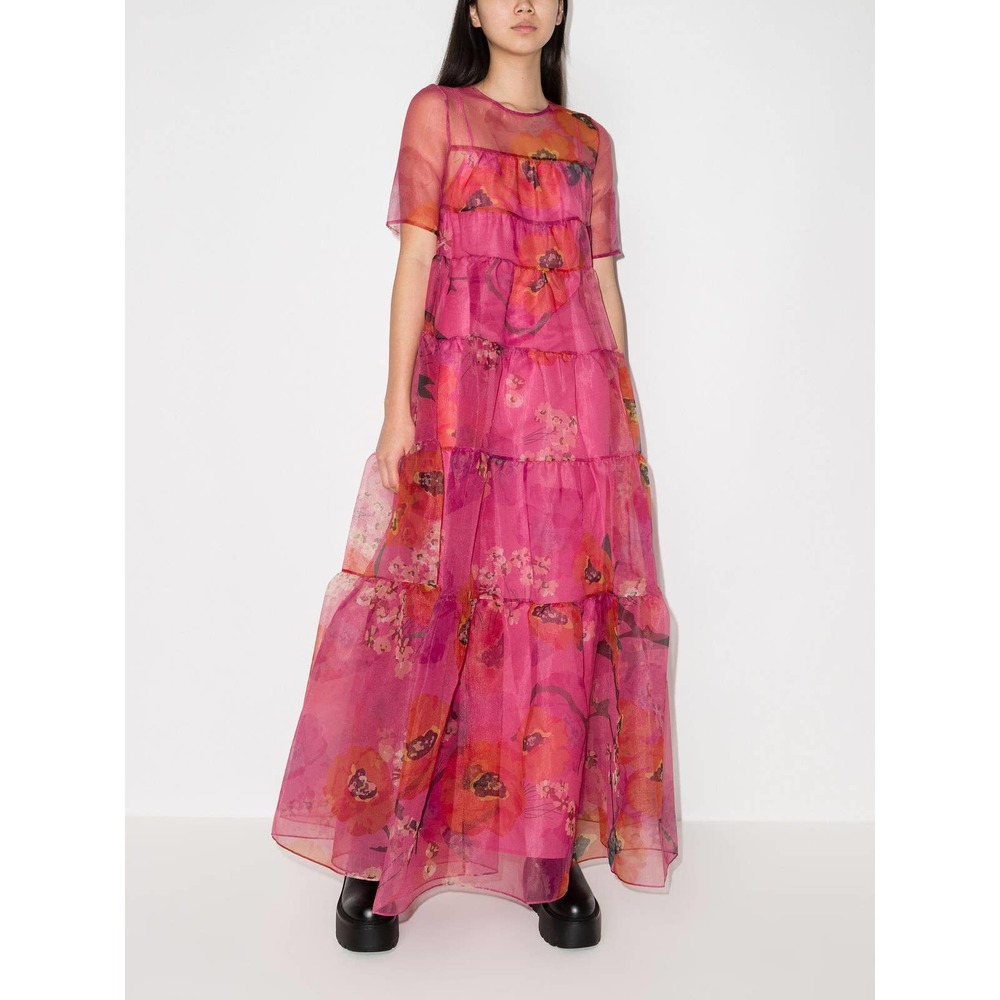 STAUD Pink California Poppy Peony Hyacinth Sheer Organza Tiered Maxi Dress